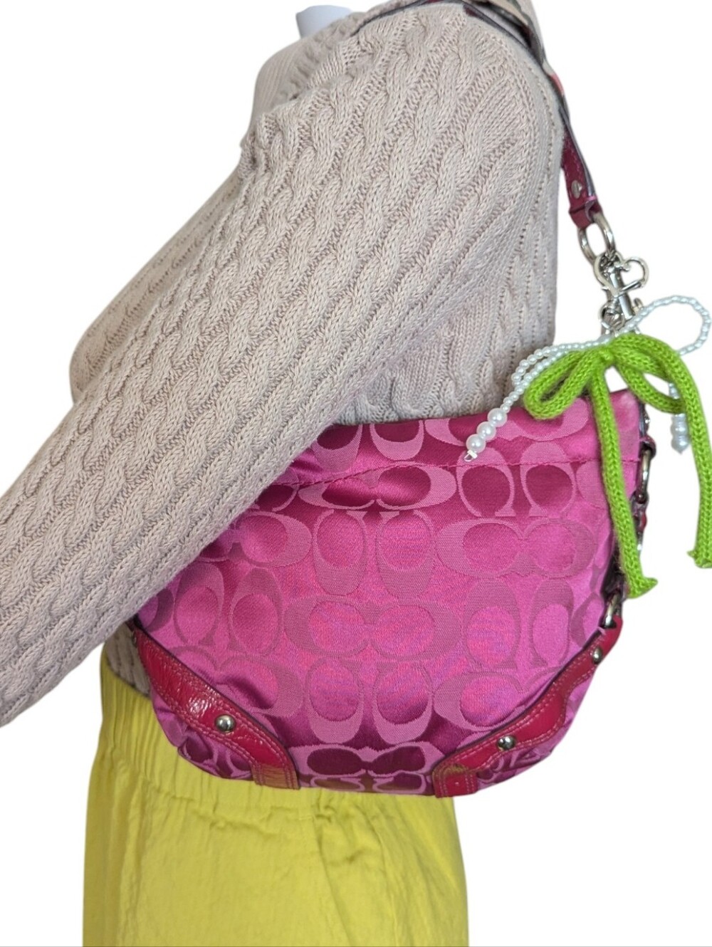 Coach Pink Signature Jacquard Shoulder Bag with Pearl Charm - Picture 3 of 16